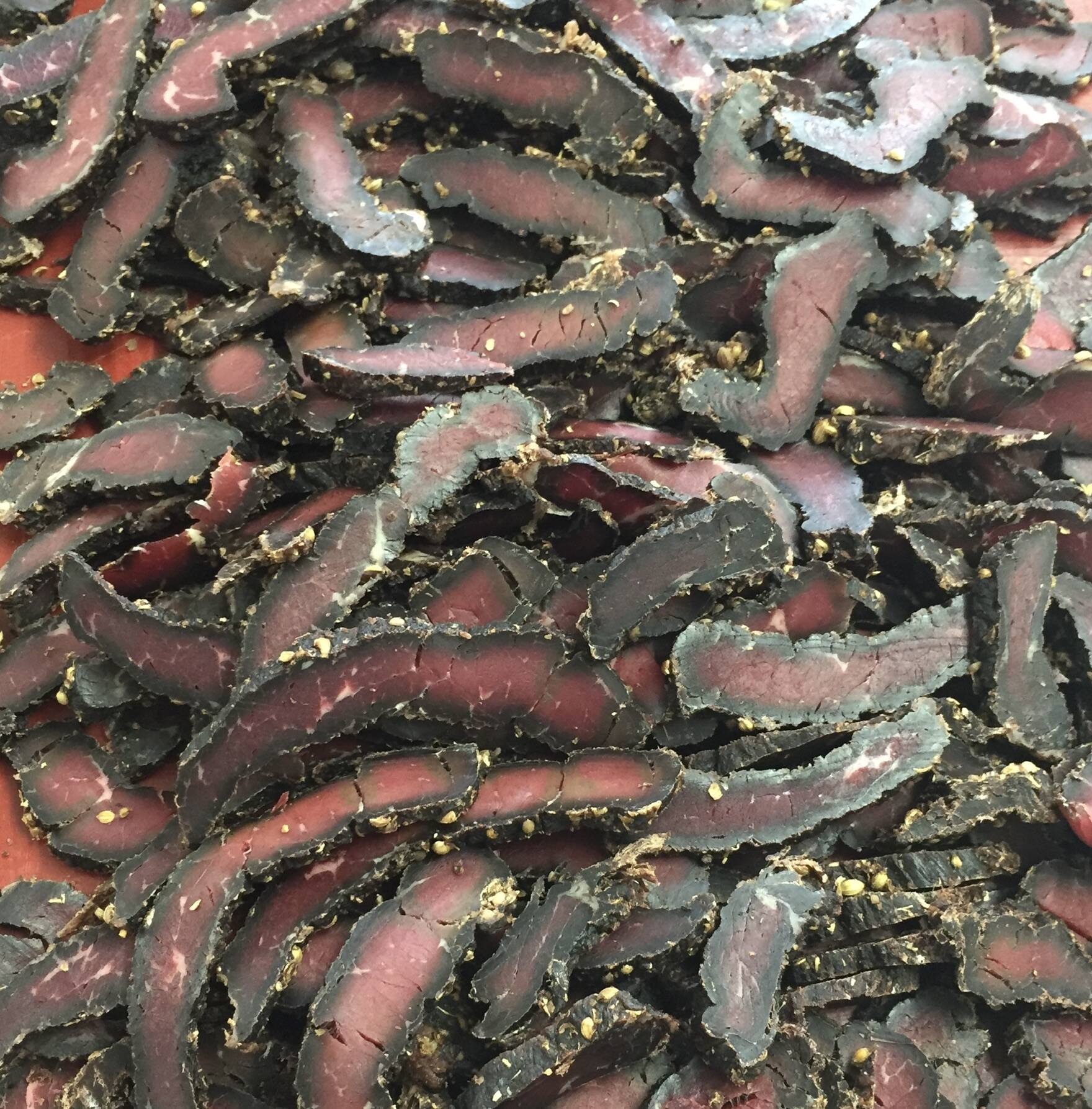 Freshly sliced biltong, peppered and coriander-crusted